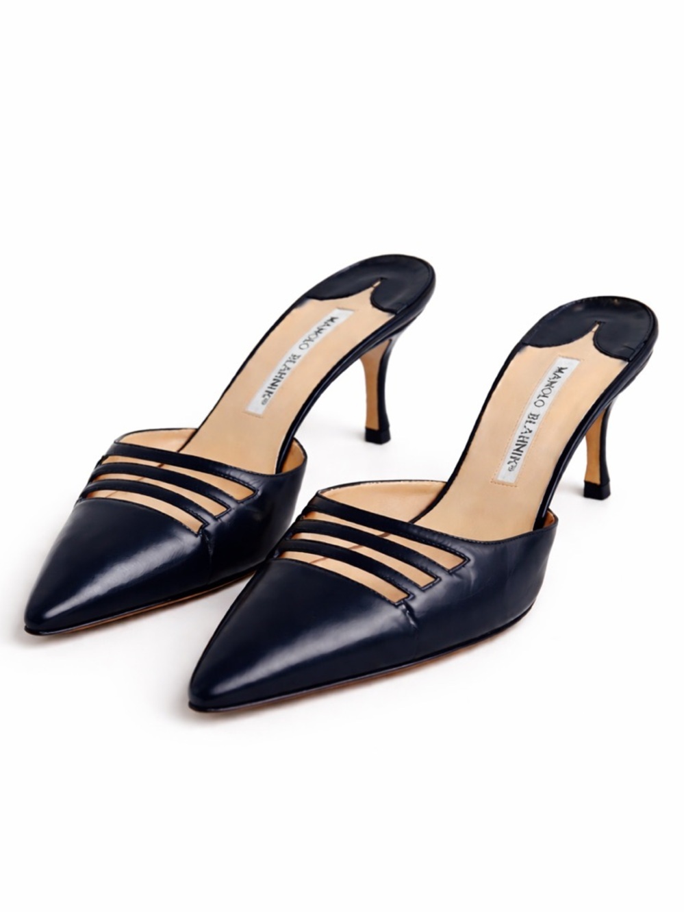 Manolo Blahnik Midnight Dark Navy blue Strappy Mule Heels Pointed Toe EU 37.5 - Picture 2 of 10